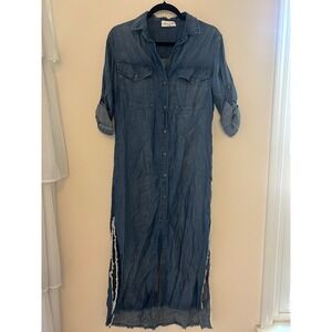 Bella Dahl Denim Maxi Shirt Dress‎ Frayed Hem Roll Tab Sleeves XS